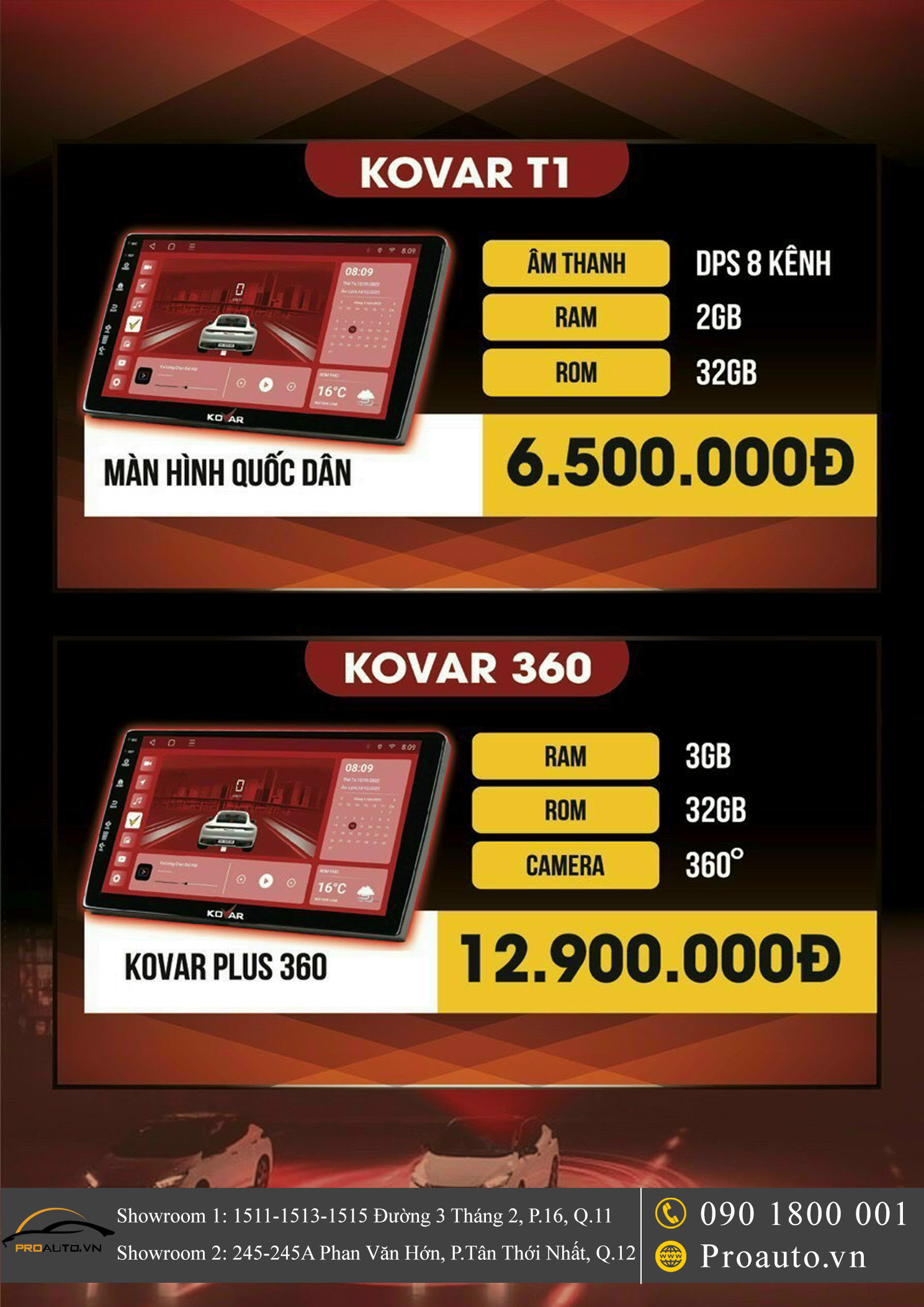Bảng giá màn hình DVD Android Kovar cho xe ô tô