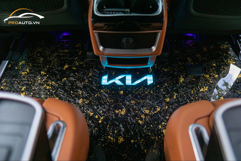 Lót sàn ô tô carbon cho xe Kia Carnival mạ nhũ vàng