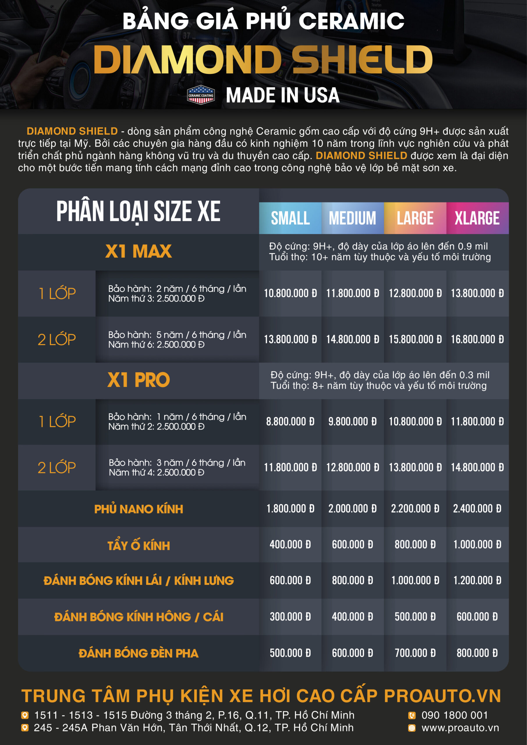 Bảng giá phủ dung dịch Ceramic Diamond Shield mới nhất 2023