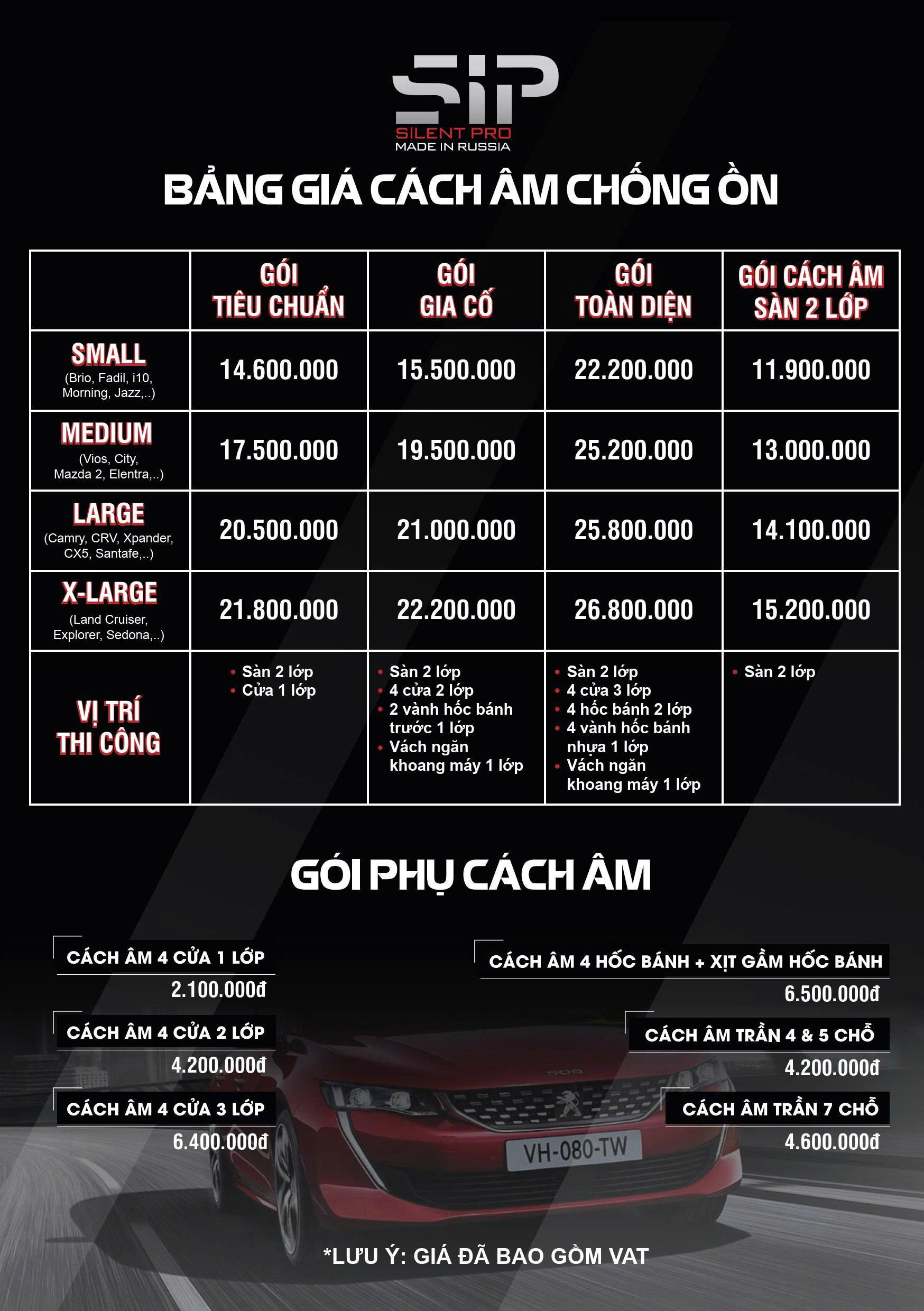 Bảng giá cách âm xe hơi tại ProAuto.vn 