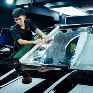  Cận cảnh kỹ thuật viên dán phim cường lực kính lái SAP